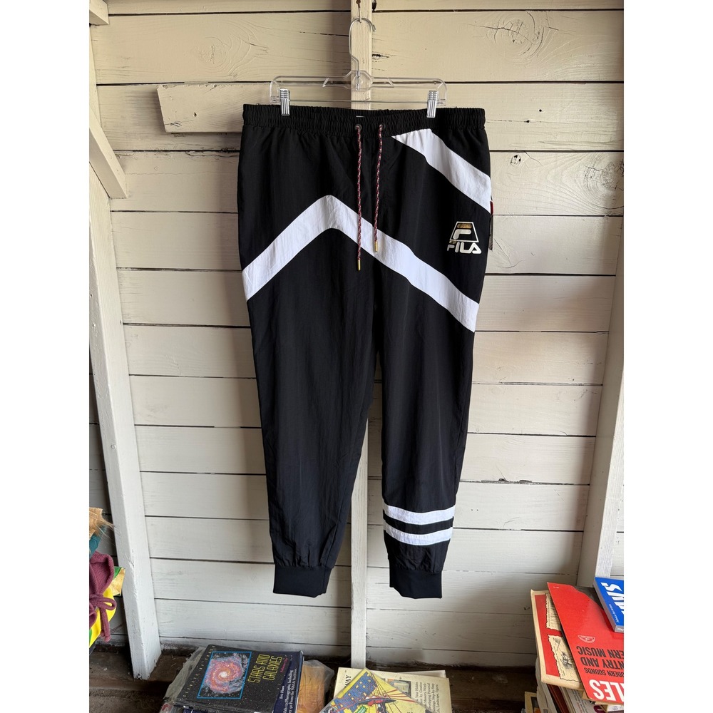 Fila Grant Hill Mens XL Black White Colorblock Nylon Track Pants Joggers NWT